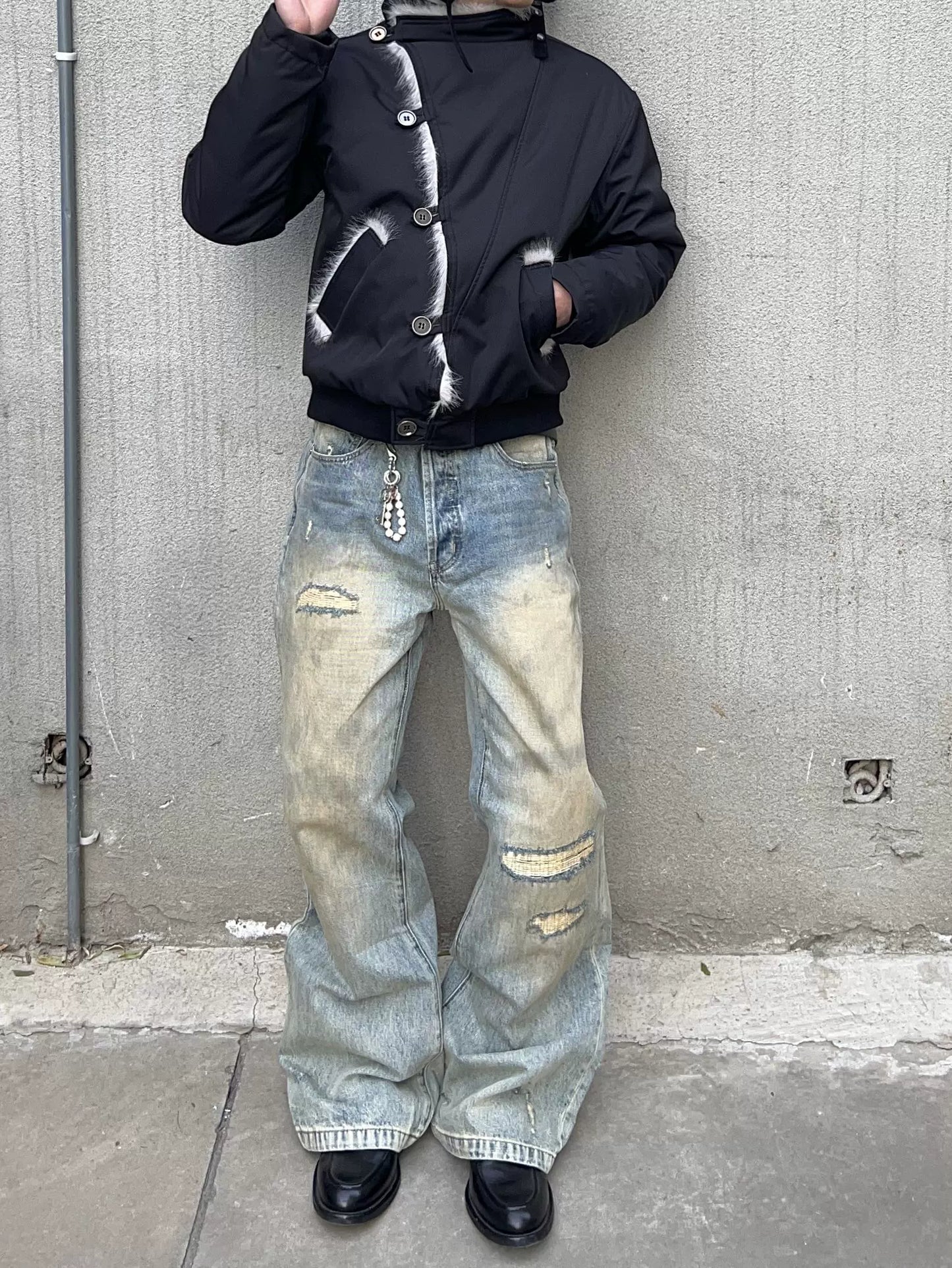 MUKHINA: Distressed Micro Brushed Flared Jeans | Nüra - Discover MUKHINA's Distressed Micro Brushed Flared Jeans for men, blending modern style with comfort. Perfect fit with a subtle distressed look. - $100.00