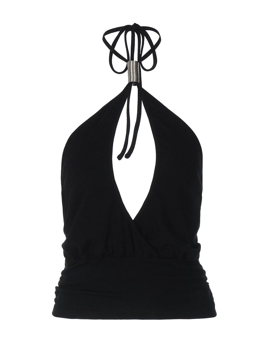 Shemoda: Skar Jade Top | Nüra - Discover Shemoda's Skar Jade Top: a chic black halter crop top with metal ring detail, open back, and subtle ruching for bold, versatile style. - $17.00
