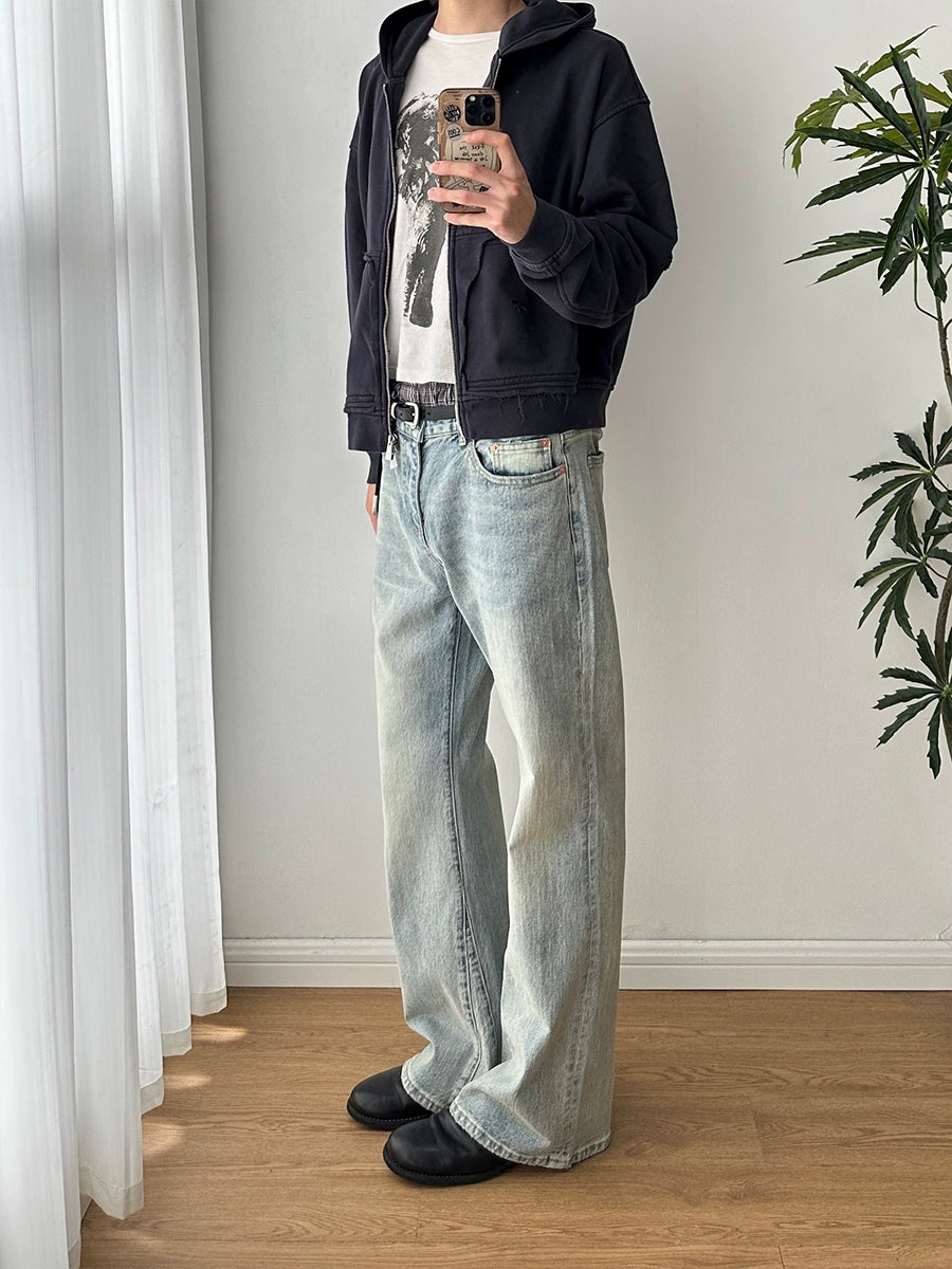 MUKHINA: Vintage Wash Micro Flared Jeans | Nüra - Unisex Vintage Wash Micro Flared Jeans by MUKHINA: Durable, stretchy, USA-made denim with timeless water-distressed detailing. - $106.00