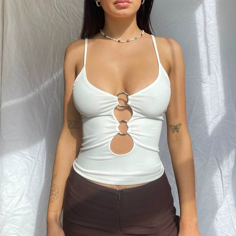 Shemoda: Cleo Crop Top | Nüra - Discover the Shemoda Cleo Crop Top: edgy circular splicing, hollow cut-outs, spaghetti straps, and a deep neckline for a trendy, comfortable style. - $17.00