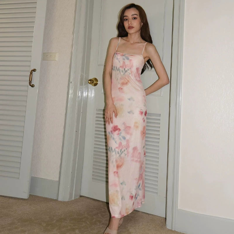 Shemoda: Elina Slip Dress | Nüra - Discover elegance with Shemoda's Elina Slip Dress: double-layer mesh, delicate print, high waist, and backless design for stylish formal events. - $19.00