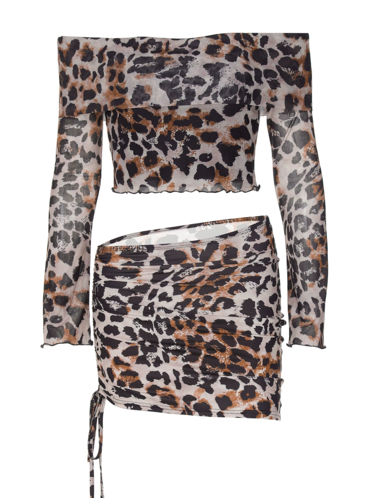Shemoda: Jinx Jungle Set | Nüra - Unleash your wild side with Shemoda's Jinx Jungle Set: a leopard mesh off-shoulder top and drawstring skirt, perfect for bold, stylish women. - $22.00