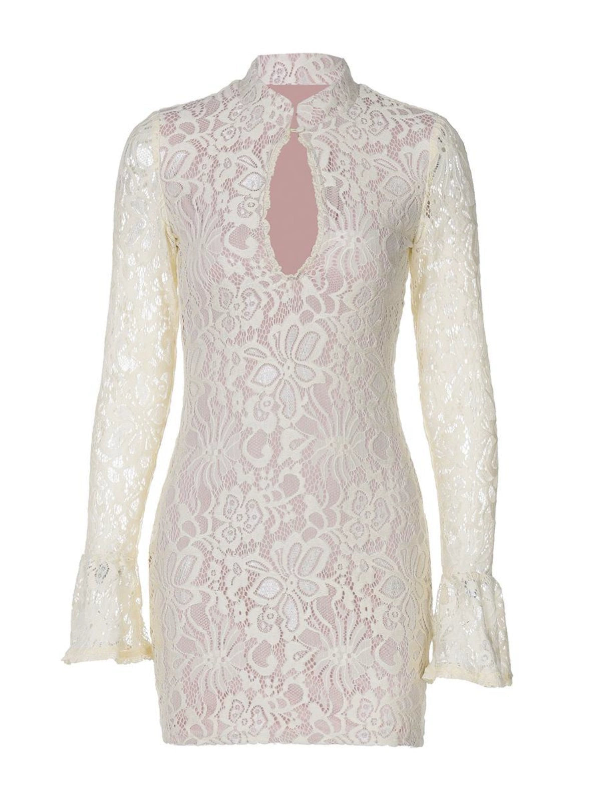 Shemoda: Ivory Lace Dress | Nüra - Discover elegance with Shemoda's Ivory Lace Dress. Featuring floral lace, a slim fit, and flared cuffs, it's perfect for any refined occasion. - $31.00