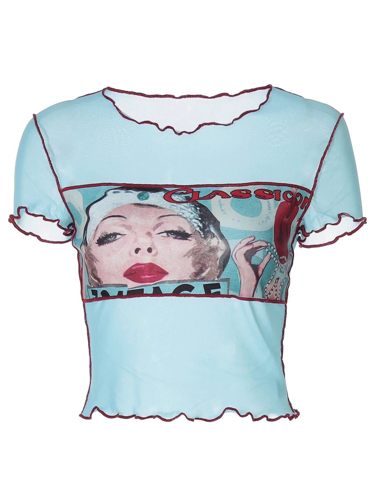 Shemoda: Roxy Vintage Tee | Nüra - Discover the Roxy Vintage Tee by Shemoda: a retro-inspired top with a ghost horse girl print and mesh panels for a bold, artistic look. - $19.00