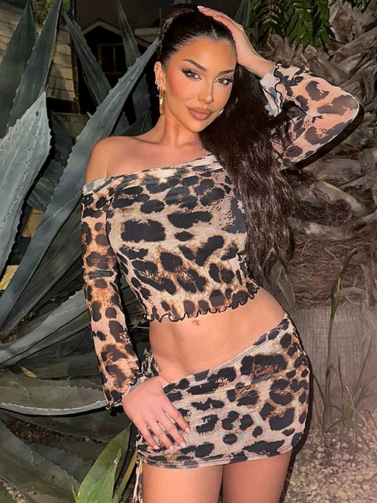 Shemoda: Jinx Jungle Set | Nüra - Unleash your wild side with Shemoda's Jinx Jungle Set: a leopard mesh off-shoulder top and drawstring skirt, perfect for bold, stylish women. - $22.00