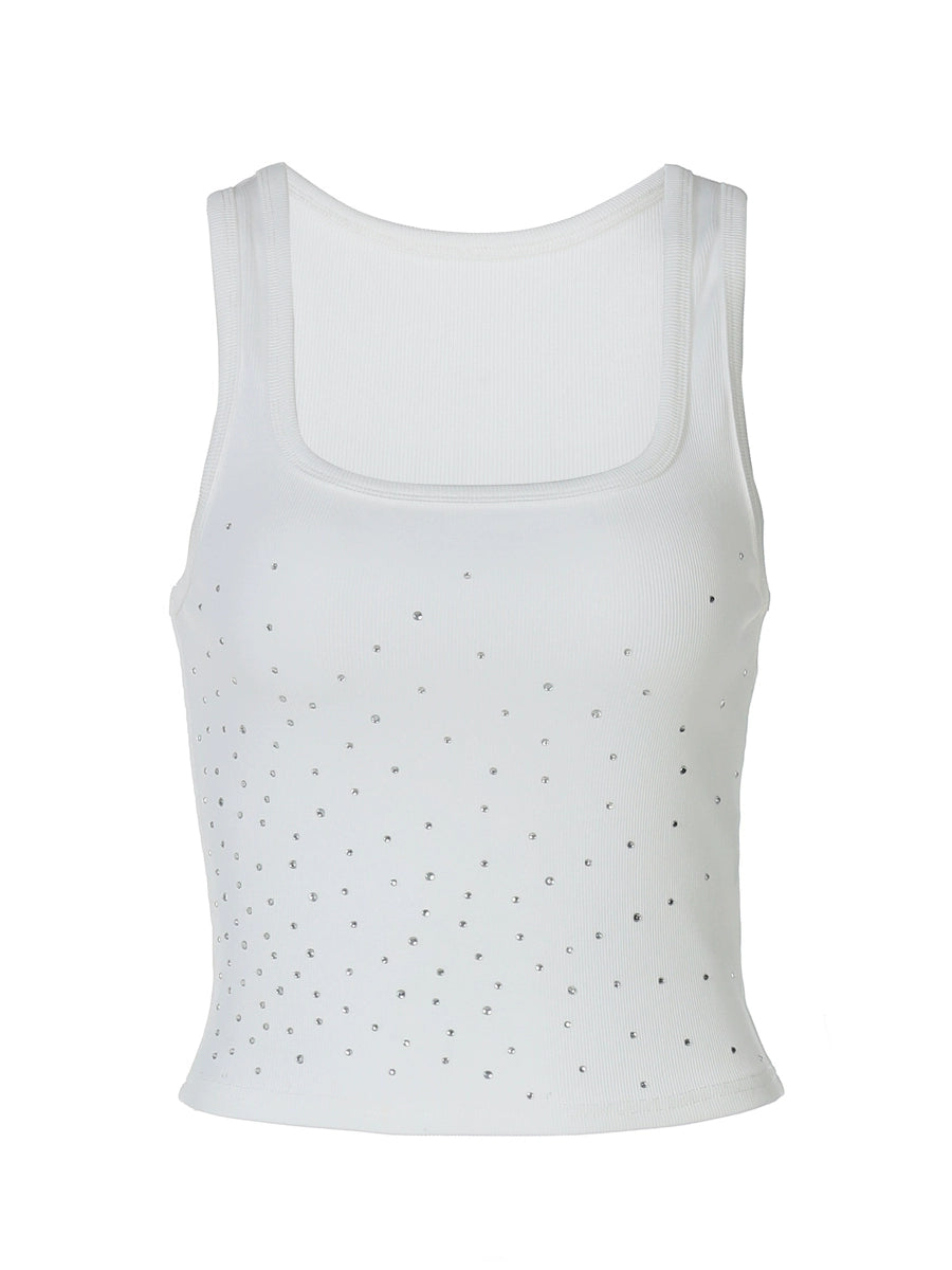 Shemoda: Vail Ribbed Tank | Nüra - Elevate your summer style with Shemoda's Vail Ribbed Tank. Square neckline, stretchy fit, and rhinestone details for effortless elegance. - $17.00