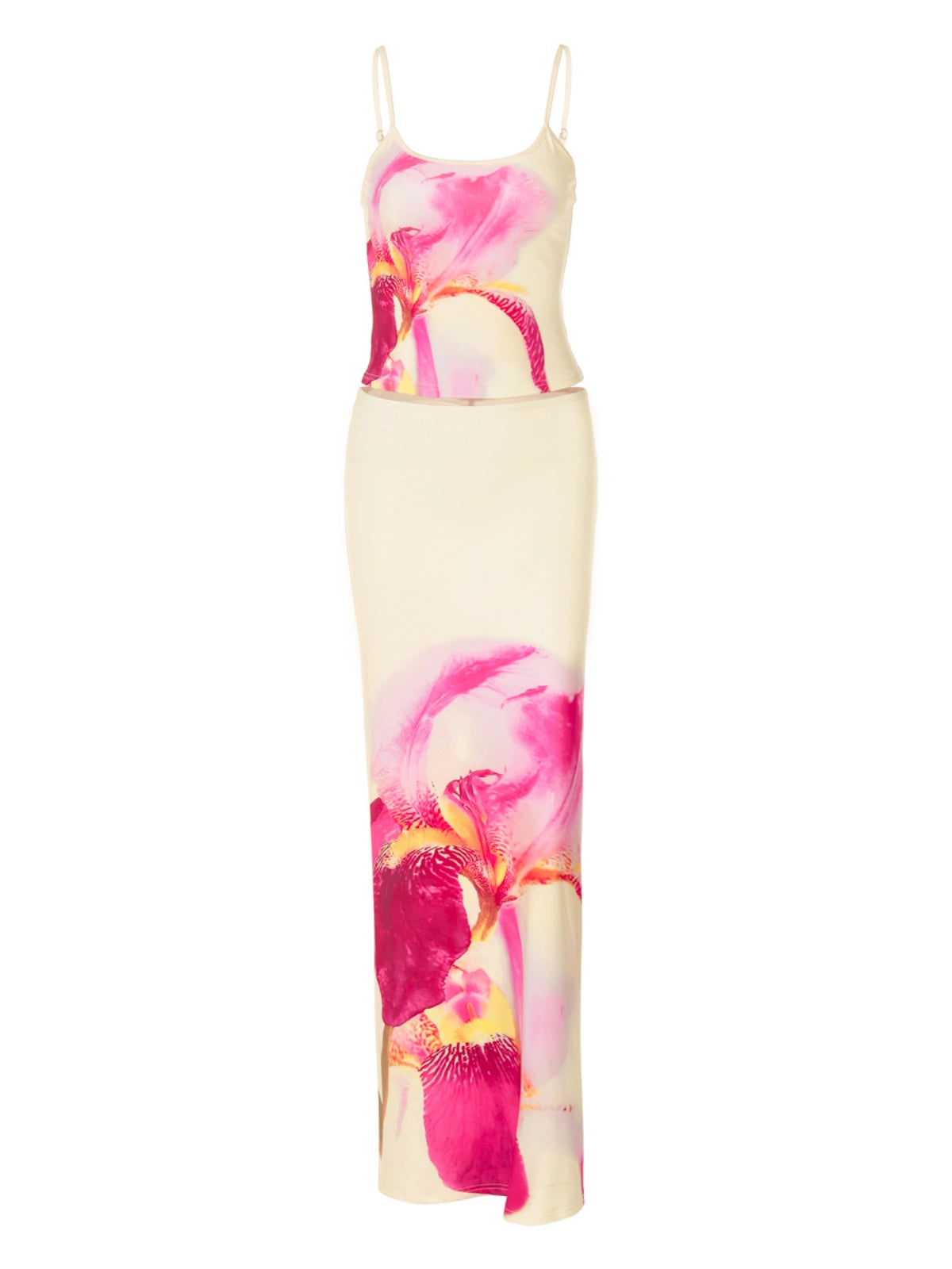 Shemoda: Coral Vale Dress | Nüra - Discover Shemoda's Coral Vale Dress: a chic two-piece set with a floral tank and slit skirt, perfect for a stylish, elegant look. - $22.00