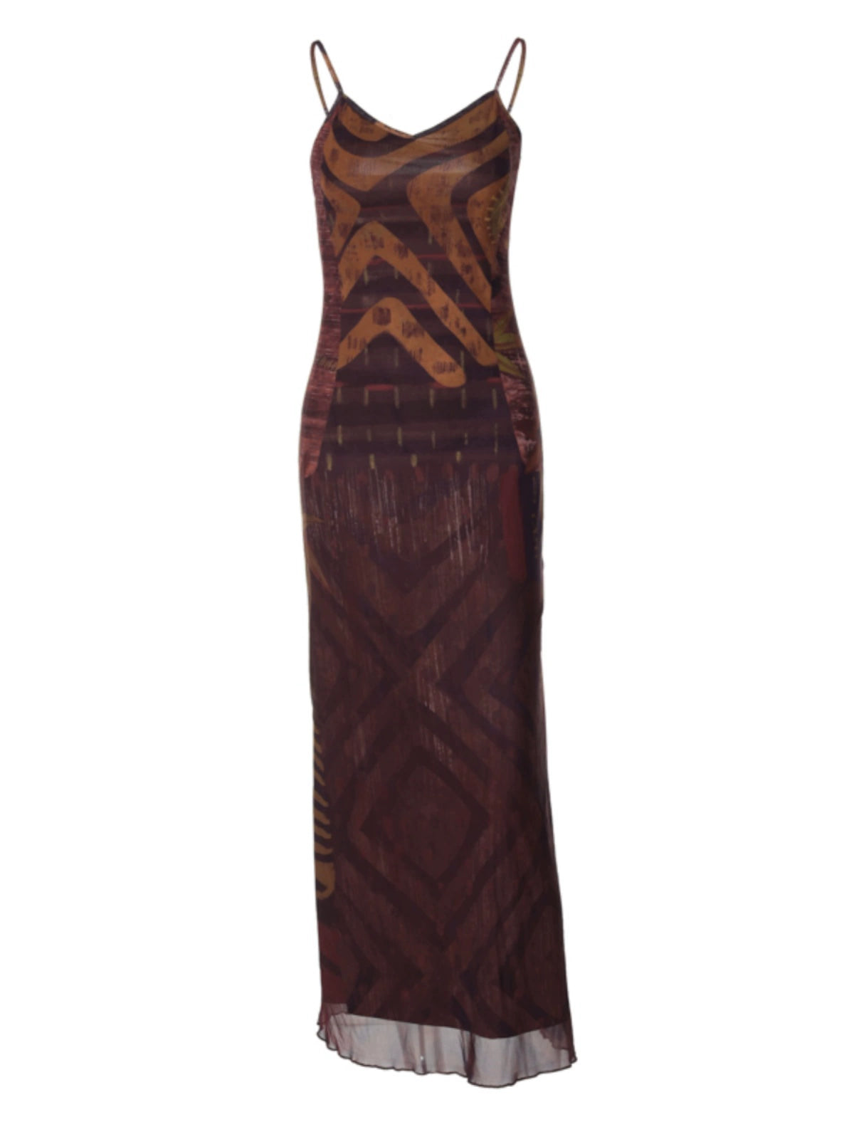 Shemoda: Zaya Slip Dress | Nüra - Discover the Zaya Slip Dress by Shemoda: a retro mesh design with a body-hugging fit, V-neck, backless cut, tribal print, and flared hem. - $22.00