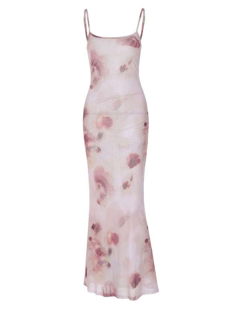 Shemoda: Elina Slip Dress | Nüra - Discover elegance with Shemoda's Elina Slip Dress: double-layer mesh, delicate print, high waist, and backless design for stylish formal events. - $19.00