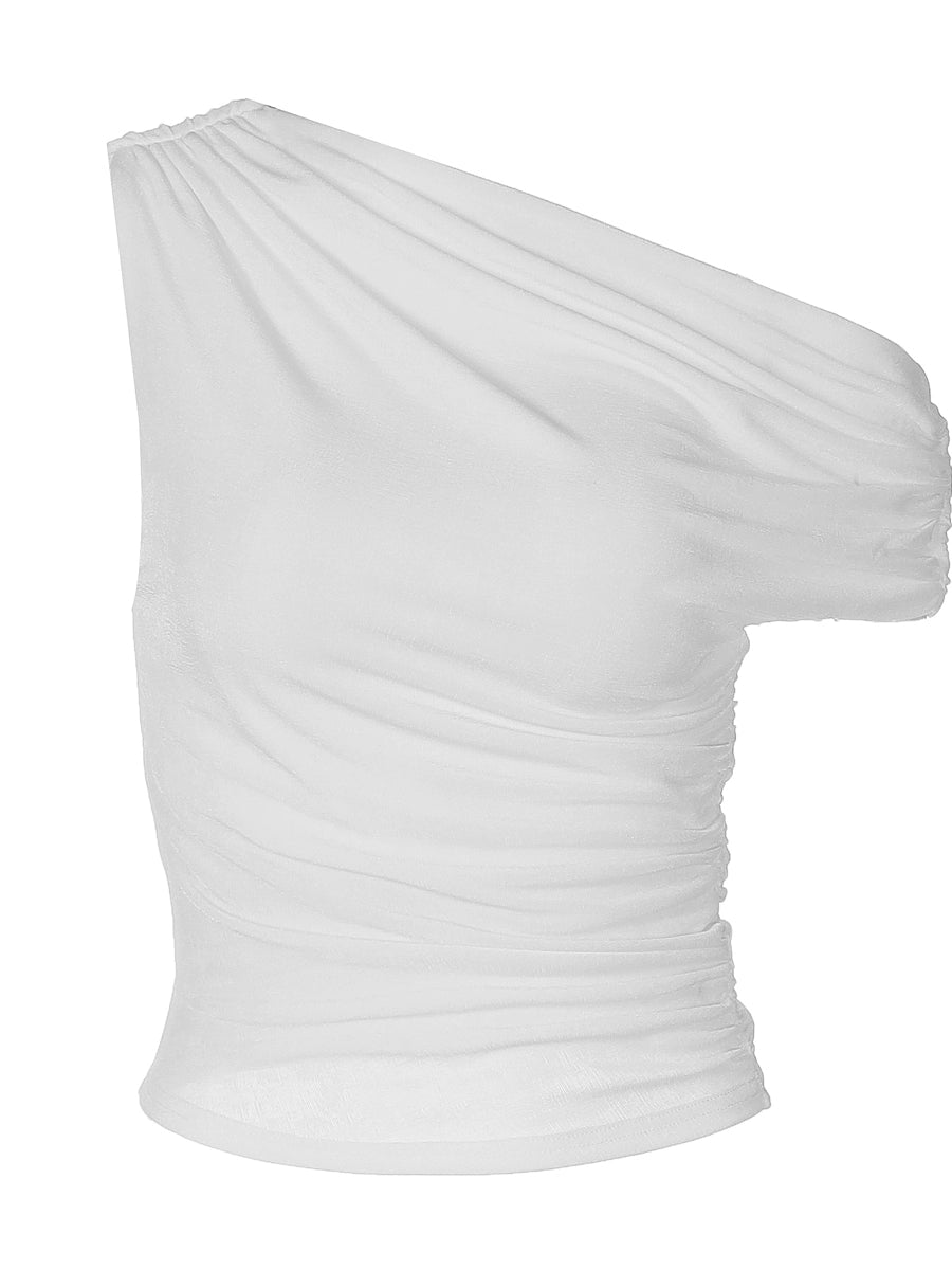 Shemoda: Talia Sleek Top | Nüra - Discover the Talia Sleek Top by Shemoda: a chic, one-shoulder design with ruched detail, perfect for any occasion. Stylish and versatile. - $19.00