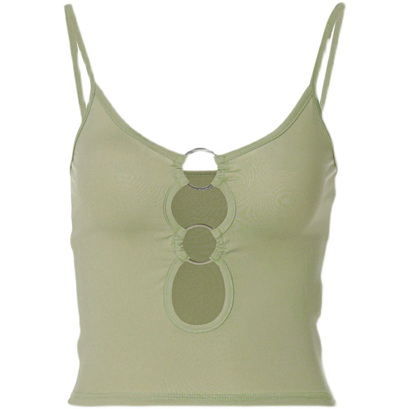 Shemoda: Cleo Crop Top | Nüra - Discover the Shemoda Cleo Crop Top: edgy circular splicing, hollow cut-outs, spaghetti straps, and a deep neckline for a trendy, comfortable style. - $17.00