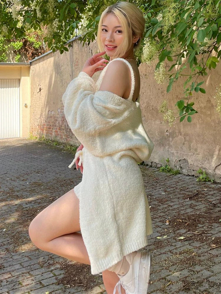 Shemoda temperament knitted mohair three piece set women's camisole tank top+high waisted shorts+cardigan jacket