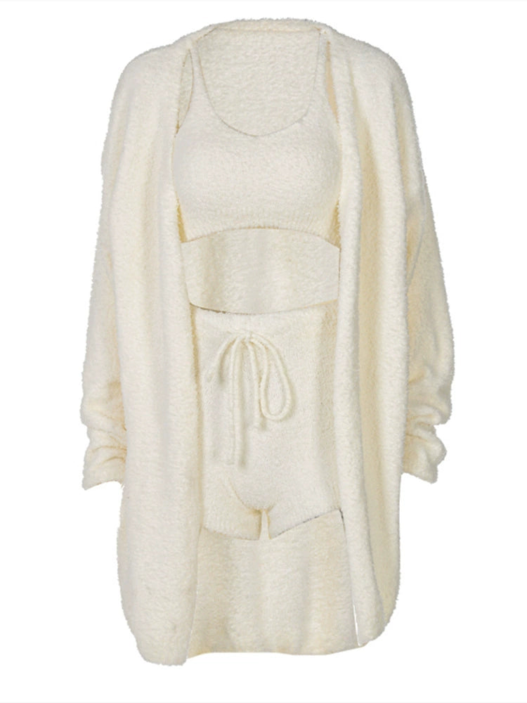 Shemoda temperament knitted mohair three piece set women's camisole tank top+high waisted shorts+cardigan jacket