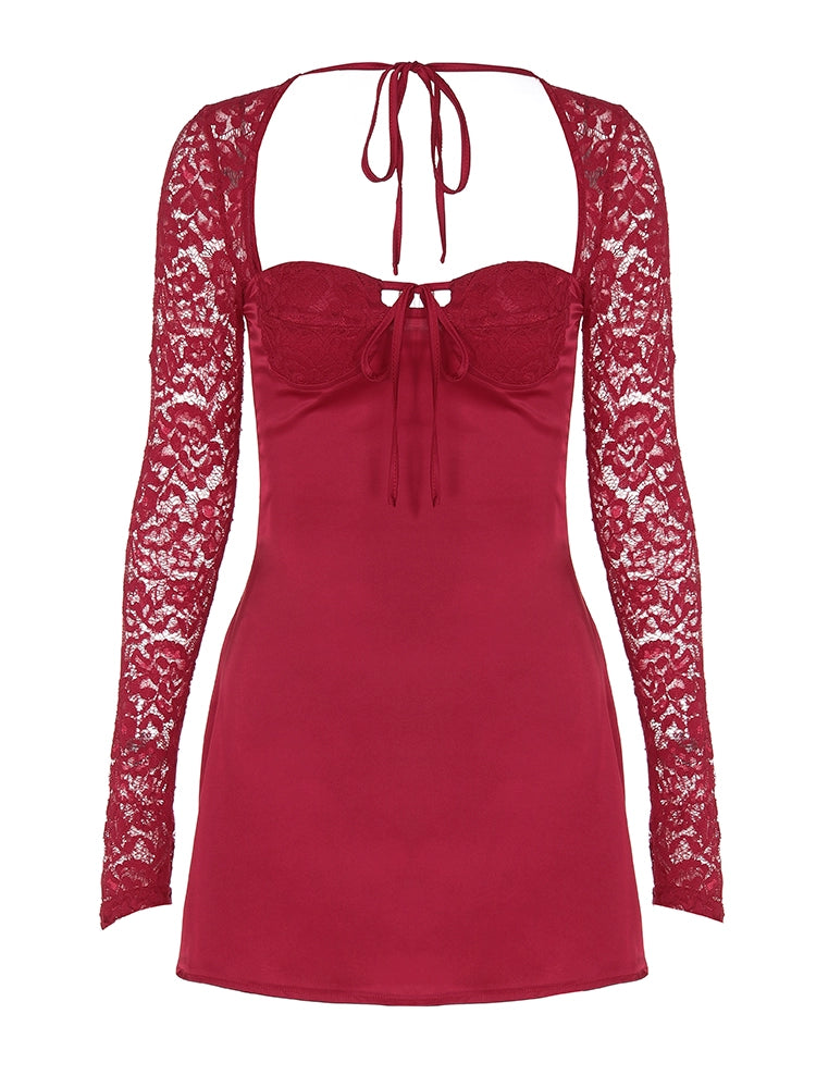 Shemoda: Scarlet Lace Dress | Nüra - Discover timeless elegance with Shemoda's Scarlet Lace Dress. Features long sleeves, backless design, and a flowing A-line skirt for a chic look. - $25.00