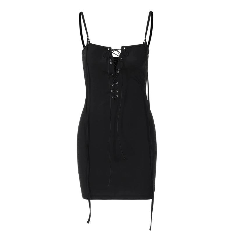 Shemoda: Lila Lace-Up Dress | Nüra - Discover the Lila Lace-Up Dress by Shemoda: a sleek black mini with a bold minimalist design, featuring a unique one-neck rope and lace-up detail. - $17.00
