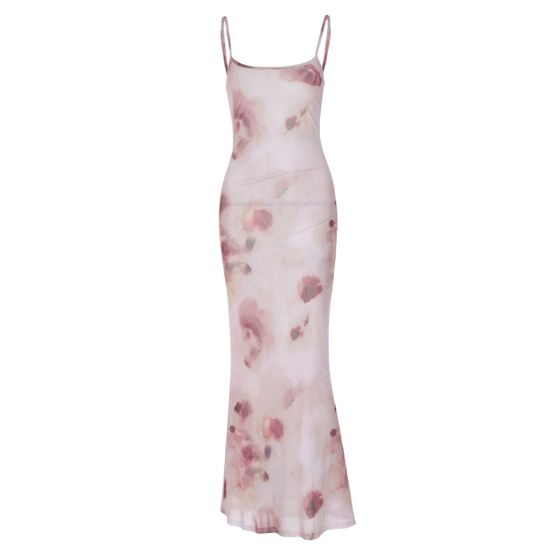 Shemoda: Elina Slip Dress | Nüra - Discover elegance with Shemoda's Elina Slip Dress: double-layer mesh, delicate print, high waist, and backless design for stylish formal events. - $19.00