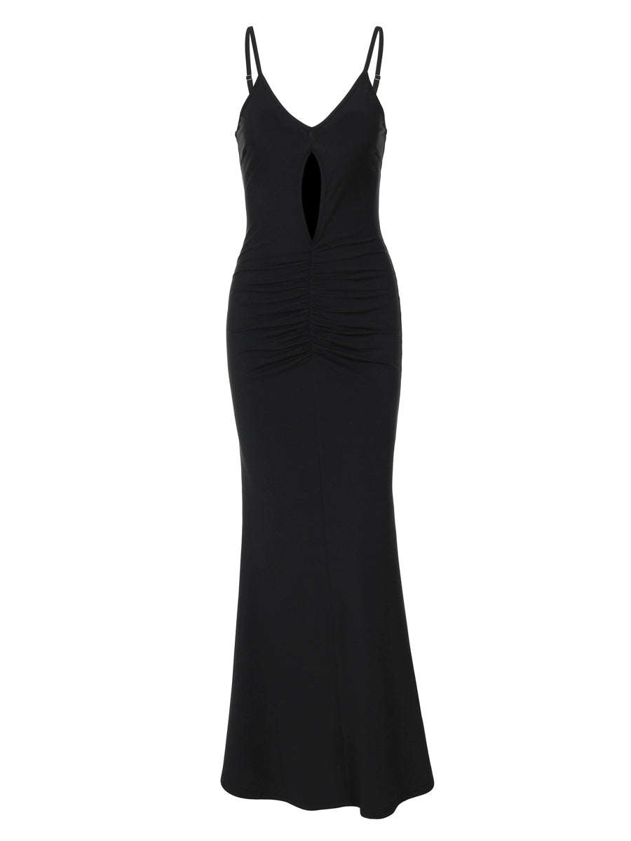 Shemoda: Isabella Noir Gown | Nüra - Discover elegance with the Isabella Noir Gown by Shemoda. Sleek design, teardrop cutout, and ruched waist for a stunning silhouette. Perfect for special events. - $21.00