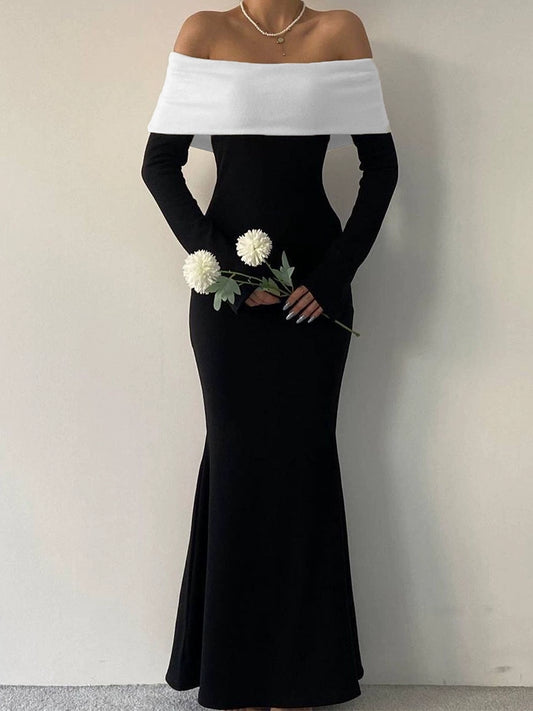Shemoda: Pia Classic Dress | Nüra - Elevate your style with Shemoda's Pia Classic Dress. Elegant black gown, white off-shoulder neckline, long sleeves, and a flattering silhouette. - $20.00