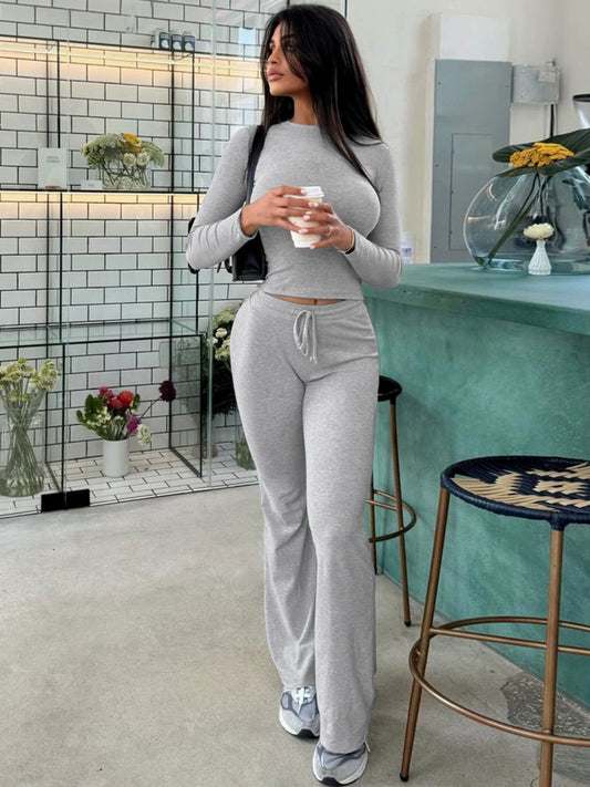 Shemoda: Faye Lounge Fit | Nüra - Discover Shemoda's Faye Lounge Fit: a chic autumn set with a slim-fit T-shirt and adjustable drawstring pants for ultimate comfort and style. - $24.00