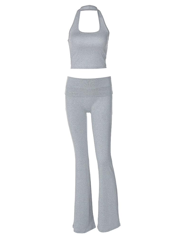 Shemoda: Jolie Sporty Set | Nüra - Stay stylish in Shemoda's Jolie Sporty Set: a chic halter crop top and high-waist flared pants. Perfect for casual outings or sporty vibes. - $20.00
