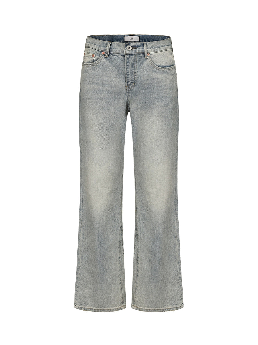 MUKHINA: Vintage Wash Micro Flared Jeans | Nüra - Unisex Vintage Wash Micro Flared Jeans by MUKHINA: Durable, stretchy, USA-made denim with timeless water-distressed detailing. - $106.00
