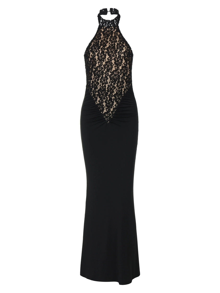 Shemoda: Celina Glimmer Dress | Nüra - Elevate your style with the Celina Glimmer Dress by Shemoda, featuring lace patchwork, a backless halter neckline, and a pleated high waist. - $22.00