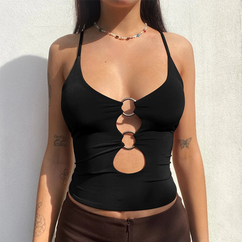 Shemoda: Cleo Crop Top | Nüra - Discover the Shemoda Cleo Crop Top: edgy circular splicing, hollow cut-outs, spaghetti straps, and a deep neckline for a trendy, comfortable style. - $17.00
