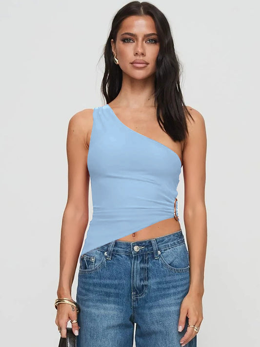 Shemoda: Dena Diagonal Tee | Nüra - Discover Shemoda's Dena Diagonal Tee: a chic one-shoulder crop top with a slimming fit and folded detail for bold, stylish looks day or night. - $19.00