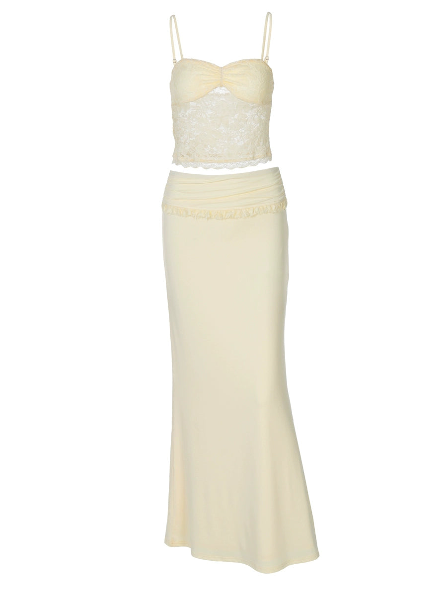 Shemoda: Isabelle Maxi Dress | Nüra - Discover the Isabelle Maxi Dress by Shemoda: a romantic lace bustier and ruffled maxi skirt set, perfect for any special occasion. - $31.00