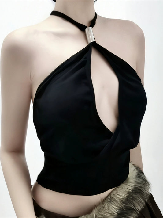 Shemoda: Skar Jade Top | Nüra - Discover Shemoda's Skar Jade Top: a chic black halter crop top with metal ring detail, open back, and subtle ruching for bold, versatile style. - $17.00