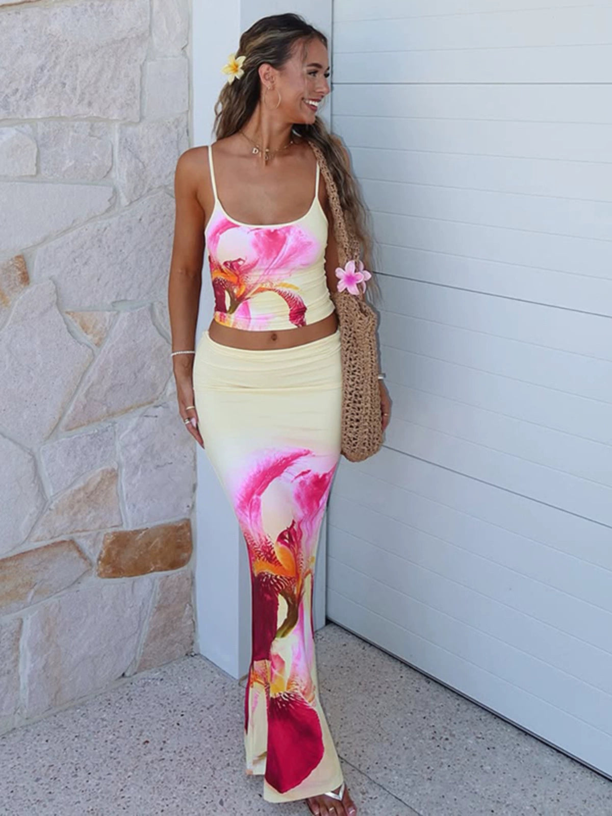Shemoda: Coral Vale Dress | Nüra - Discover Shemoda's Coral Vale Dress: a chic two-piece set with a floral tank and slit skirt, perfect for a stylish, elegant look. - $22.00