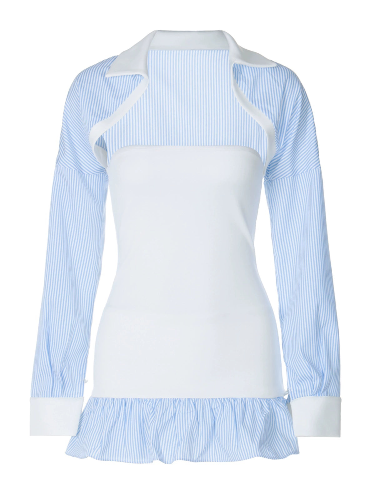 Shemoda: Iris Stripe Mini Dress | Nüra - Discover Shemoda's Iris Stripe Mini Dress: a strapless bodycon with ruffled hem and pinstriped sleeves, perfect for chic, breathable style. - $25.00