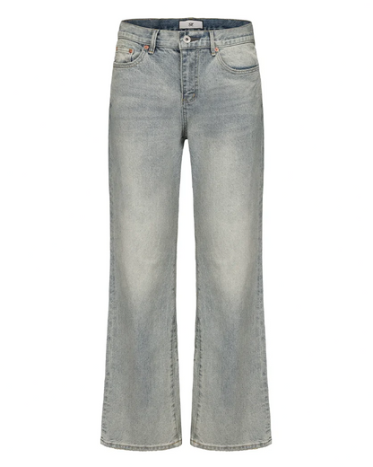 MUKHINA: Vintage Wash Micro Flared Jeans | Nüra - Unisex Vintage Wash Micro Flared Jeans by MUKHINA: Durable, stretchy, USA-made denim with timeless water-distressed detailing. - $106.00