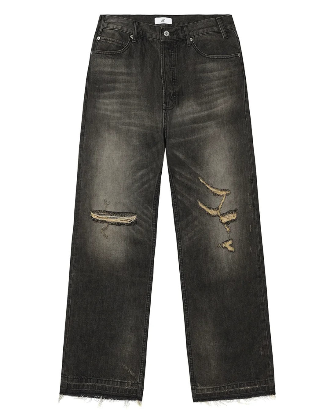 MUKHINA: Damaged Loose Straight Fit Jeans | Nüra - Discover MUKHINA's Damaged Loose Straight Fit Jeans with unique black & yellow detailing and tassel patches for a trendy, authentic style. - $92.00