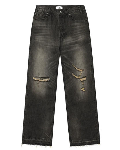 MUKHINA: Damaged Loose Straight Fit Jeans | Nüra - Discover MUKHINA's Damaged Loose Straight Fit Jeans with unique black & yellow detailing and tassel patches for a trendy, authentic style. - $92.00