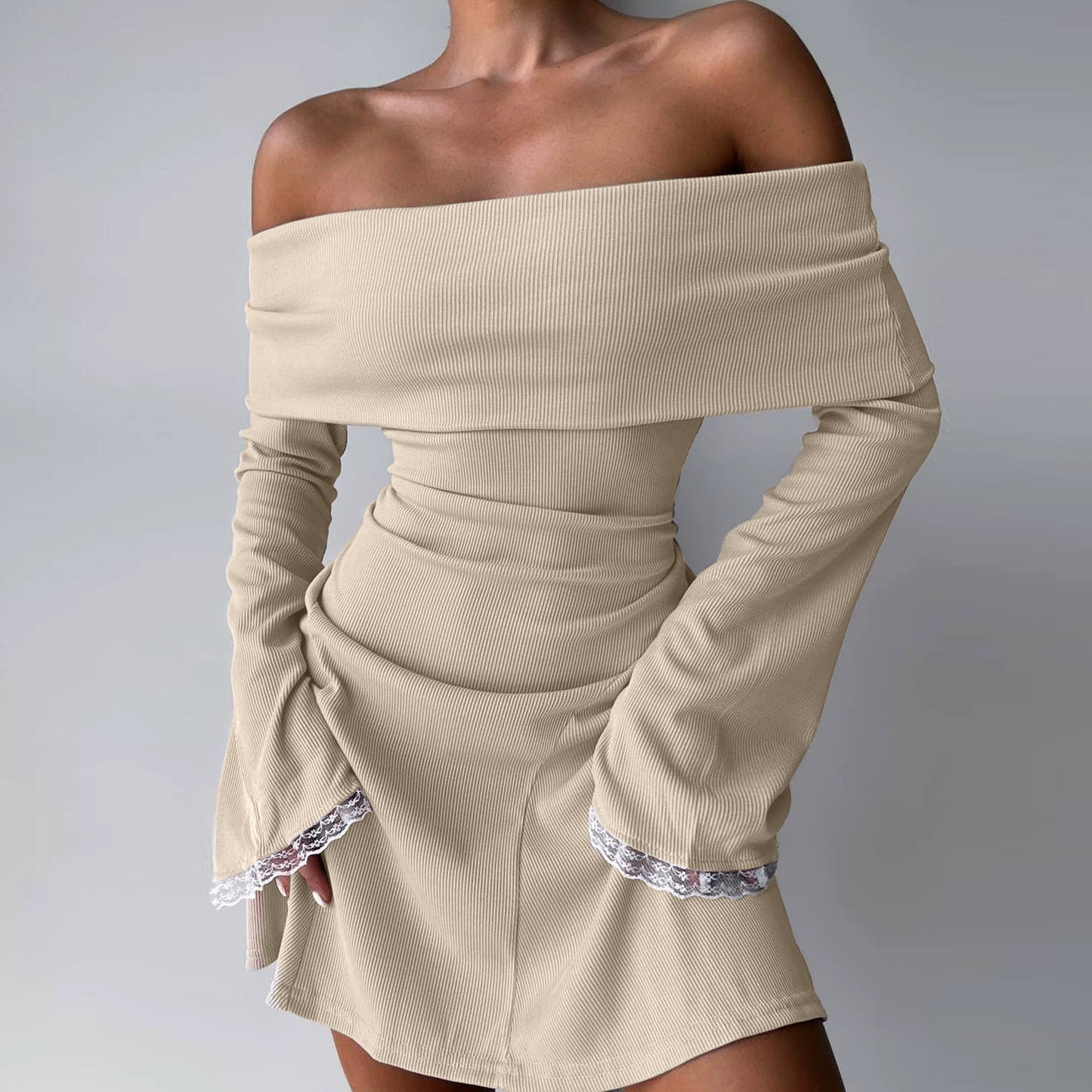 Shemoda: Lexi Off-shoulder Dress | Nüra - Discover the Lexi Off-shoulder Dress by Shemoda: a chic bodycon mini with ruffled neckline, bell sleeves, and lace trim for a modern, romantic look. - $22.00
