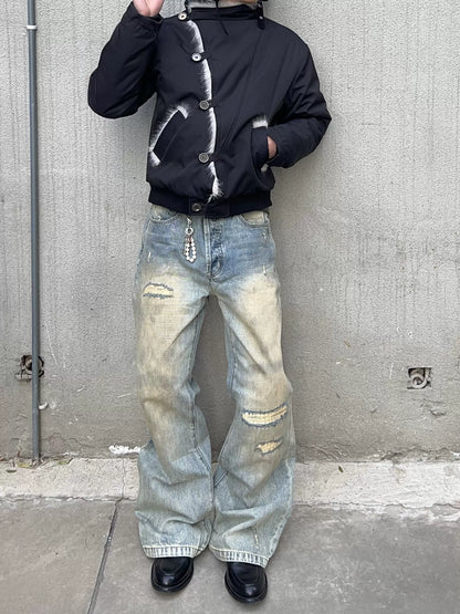 MUKHINA: Distressed Micro Brushed Flared Jeans | Nüra - Discover MUKHINA's Distressed Micro Brushed Flared Jeans for men, blending modern style with comfort. Perfect fit with a subtle distressed look. - $100.00