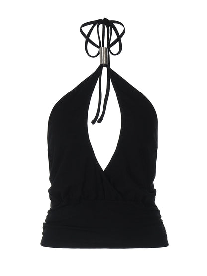 Shemoda: Skar Jade Top | Nüra - Discover Shemoda's Skar Jade Top: a chic black halter crop top with metal ring detail, open back, and subtle ruching for bold, versatile style. - $17.00
