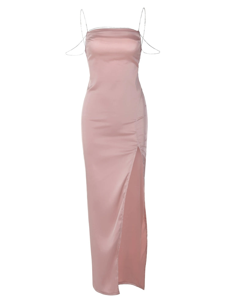 Shemoda: Clara Glamour Dress | Nüra - Discover elegance with Shemoda's Clara Glamour Dress. Floor-length, fitted silhouette, spaghetti straps, and a high side slit for a chic allure. - $21.00