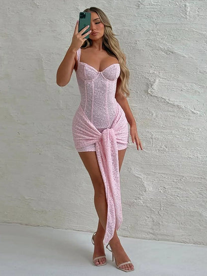Shemoda: Oriana Mini Dress | Nüra - Discover elegance with Shemoda's Oriana Mini Dress. Featuring a corset bodice, lace overlay, and stretch fabric for a chic, comfortable fit. - $36.00
