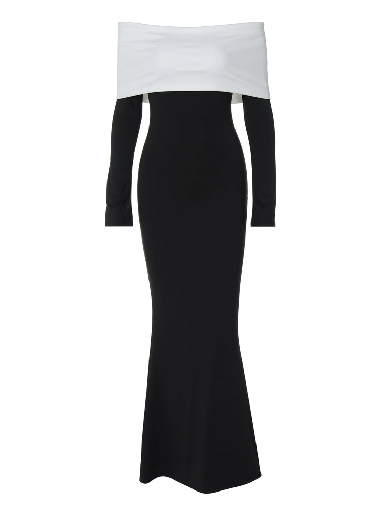 Shemoda: Pia Classic Dress | Nüra - Elevate your style with Shemoda's Pia Classic Dress. Elegant black gown, white off-shoulder neckline, long sleeves, and a flattering silhouette. - $20.00