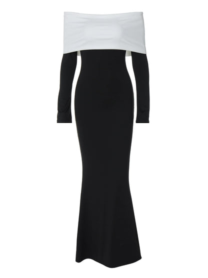 Shemoda: Pia Classic Dress | Nüra - Elevate your style with Shemoda's Pia Classic Dress. Elegant black gown, white off-shoulder neckline, long sleeves, and a flattering silhouette. - $20.00