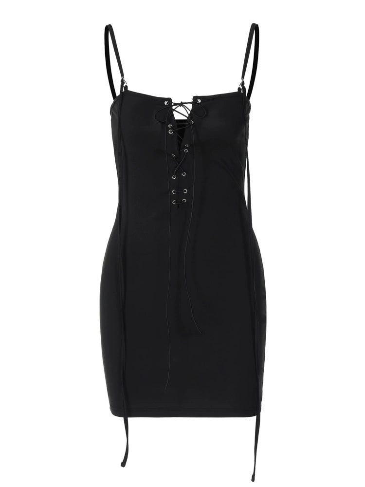 Shemoda: Lila Lace-Up Dress | Nüra - Discover the Lila Lace-Up Dress by Shemoda: a sleek black mini with a bold minimalist design, featuring a unique one-neck rope and lace-up detail. - $17.00