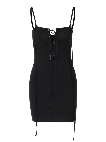 Shemoda: Lila Lace-Up Dress | Nüra - Discover the Lila Lace-Up Dress by Shemoda: a sleek black mini with a bold minimalist design, featuring a unique one-neck rope and lace-up detail. - $17.00