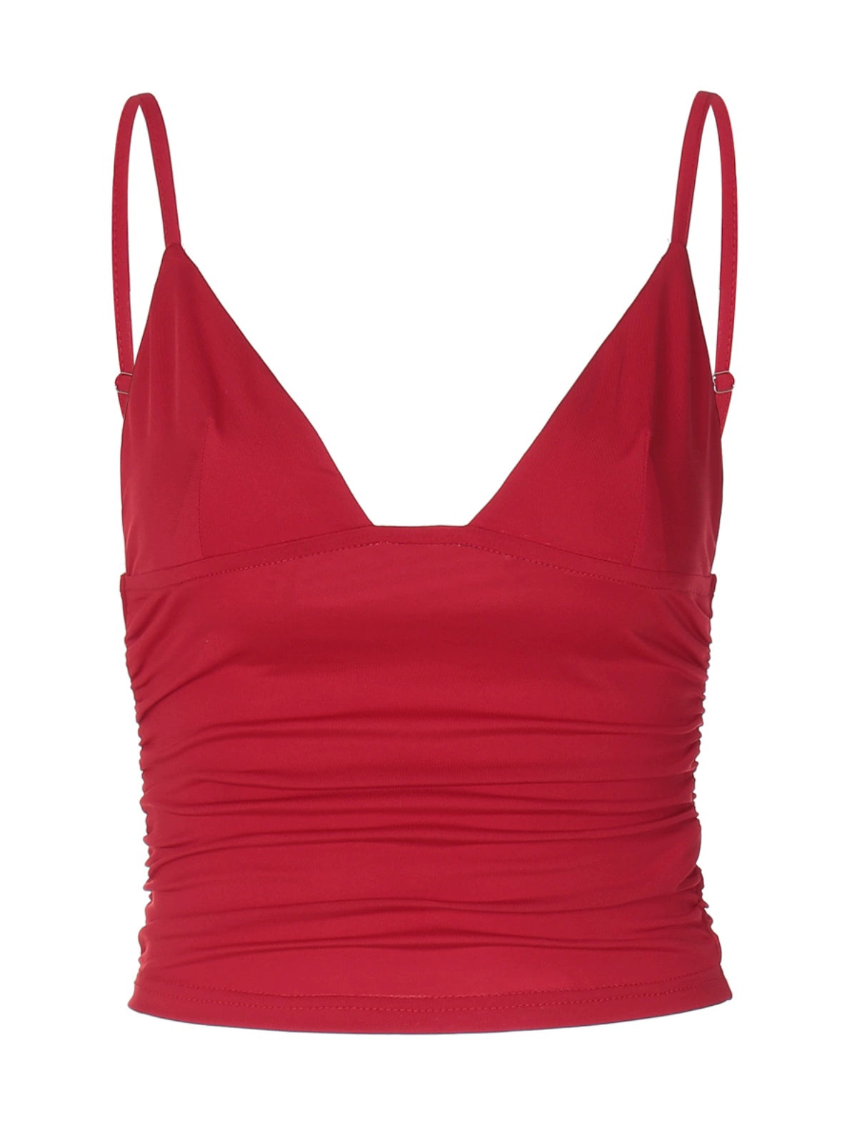 Shemoda: Lori Slim Tank - xs | Nüra - Discover Shemoda's Lori Slim Tank - XS: a chic crop-top with a plunging V-neck, ruched sides, and adjustable straps. Perfect for layering or solo wear. - $17.00