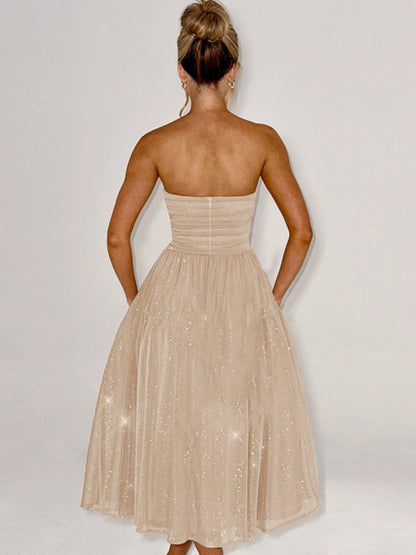 Shemoda: Korra Strapless Dress | Nüra - Elevate your style with Shemoda's Korra Strapless Dress. Sequin mesh bodice, A-line silhouette, perfect for festive and evening occasions. - $30.00