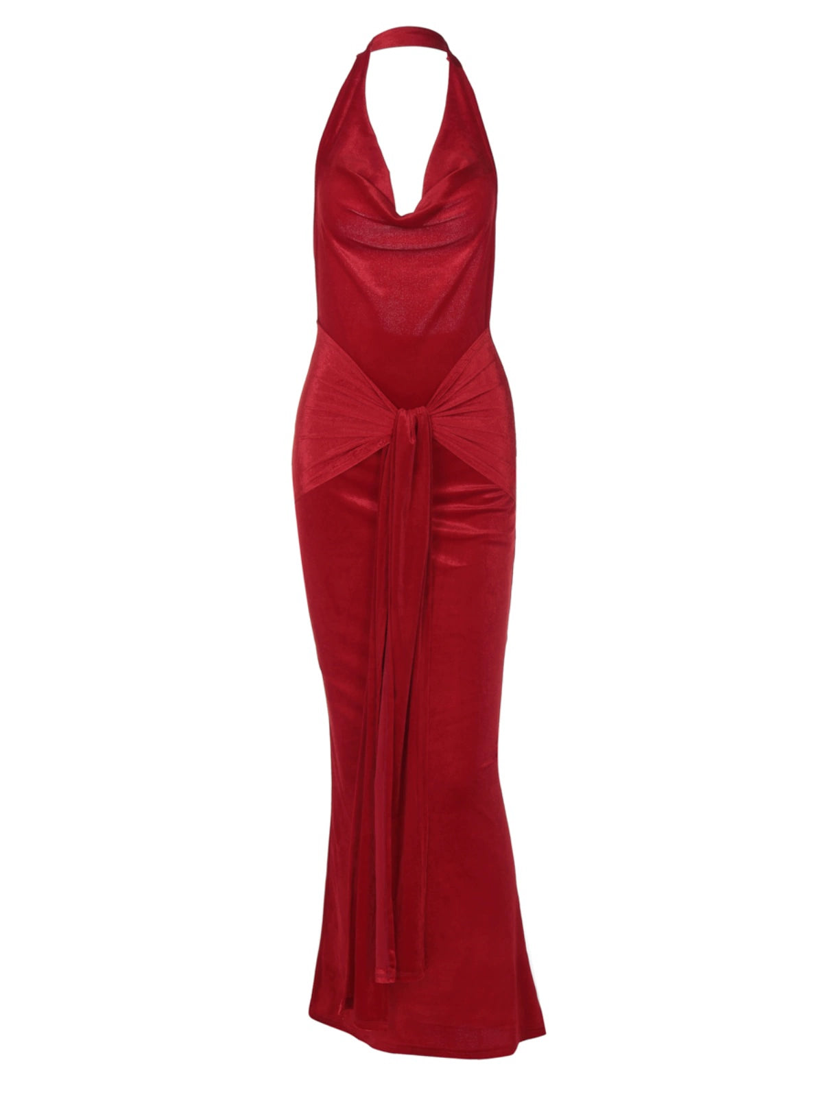 Shemoda: Sabrina Luxe Gown | Nüra - Elevate your elegance with the Sabrina Luxe Gown by Shemoda. Backless halter, fishtail skirt, and cinched waist for a stunning, confident look. - $22.00