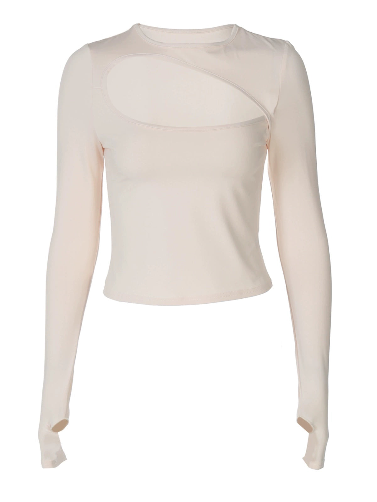 Shemoda: Echo Crop Tee | Nüra - Discover Shemoda's Echo Crop Tee: a bold, edgy long-sleeve with a hollow neck and finger openings. Stretchy, slim fit for stylish everyday wear. - $17.00