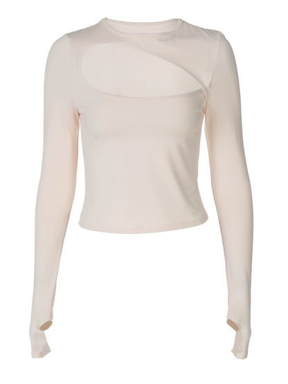 Shemoda: Echo Crop Tee | Nüra - Discover Shemoda's Echo Crop Tee: a bold, edgy long-sleeve with a hollow neck and finger openings. Stretchy, slim fit for stylish everyday wear. - $17.00