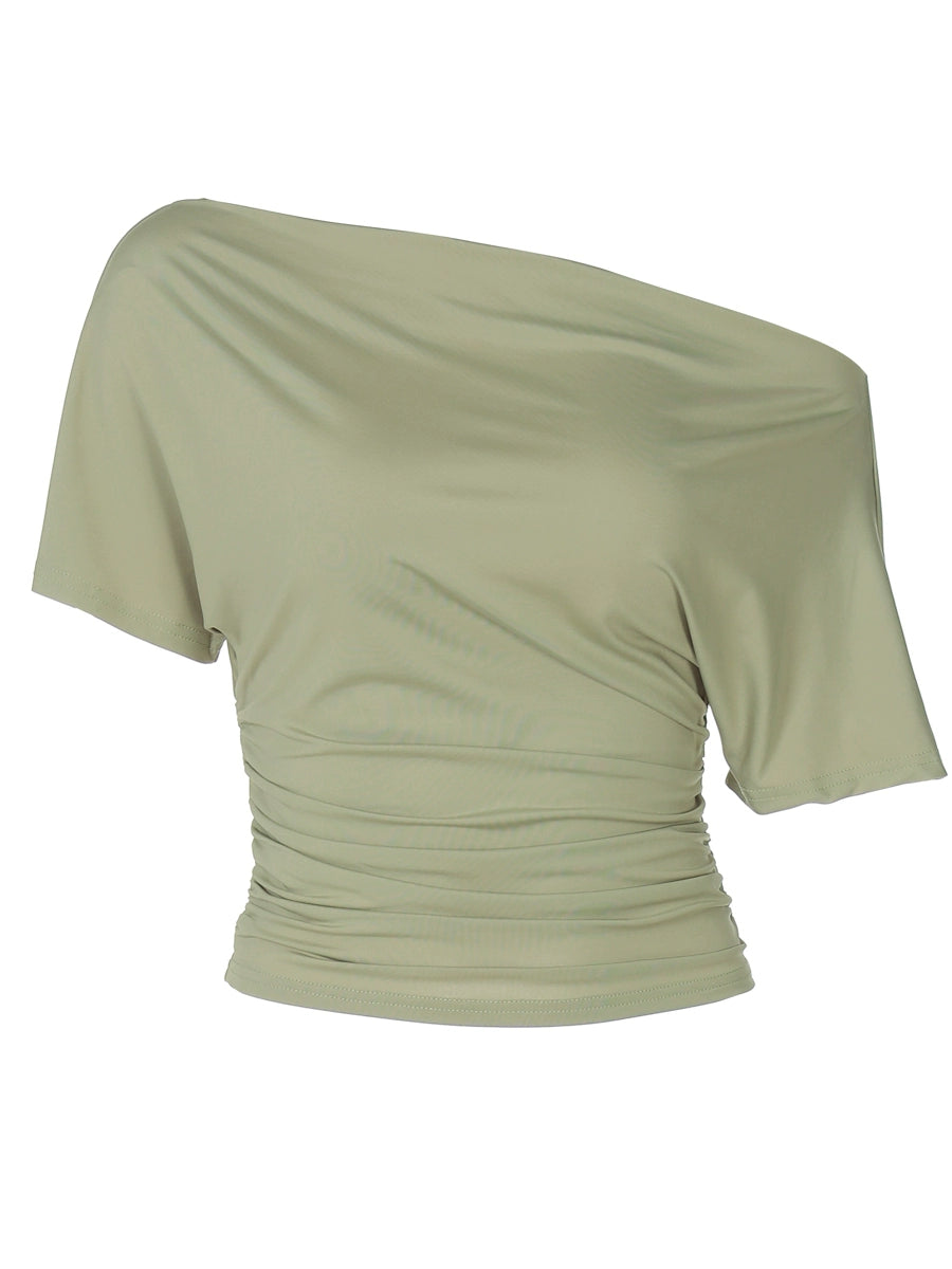 Shemoda: Noir Serene Top | Nüra - Discover Shemoda's Noir Serene Top: a sleek, stylish T-shirt with slanted shoulder and ruched waist for a modern, confident look. Perfect for any occasion. - $18.00